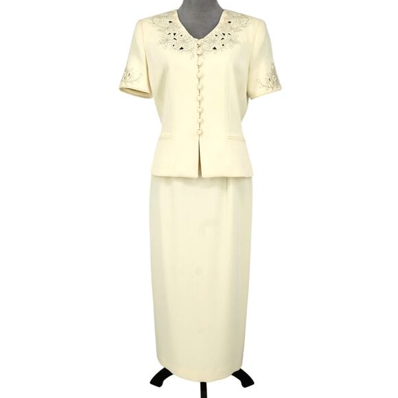 Kasper Skirt Suit Womens 6 Ivory Embroidered Floral Lined Shoulder Pads Vintage - Picture 1 of 16